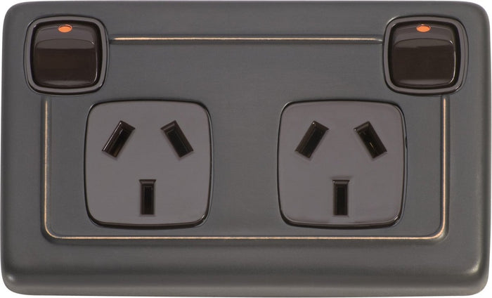 2 Gang Flat Plate Rocker Switches with Double Socket by Tradco - Entry - Point - 5819 - Tradco