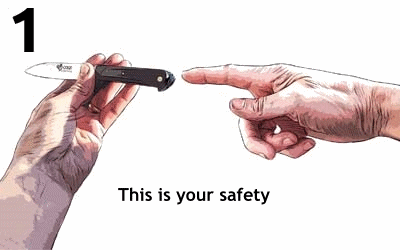 Hand holding a small black pocket knife, with a finger from another hand pointing at the tip.