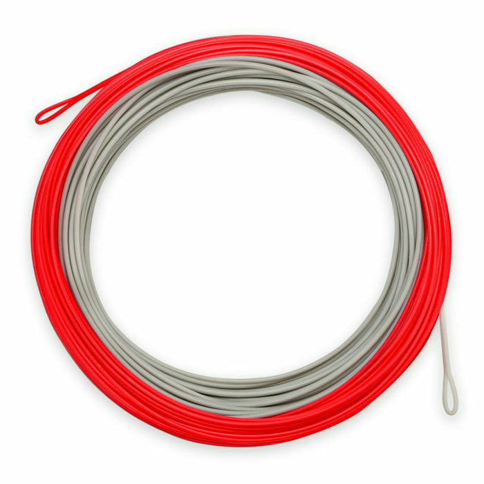 Airflo Superflo Ridge 2.0 red and grey fly line coiled on white