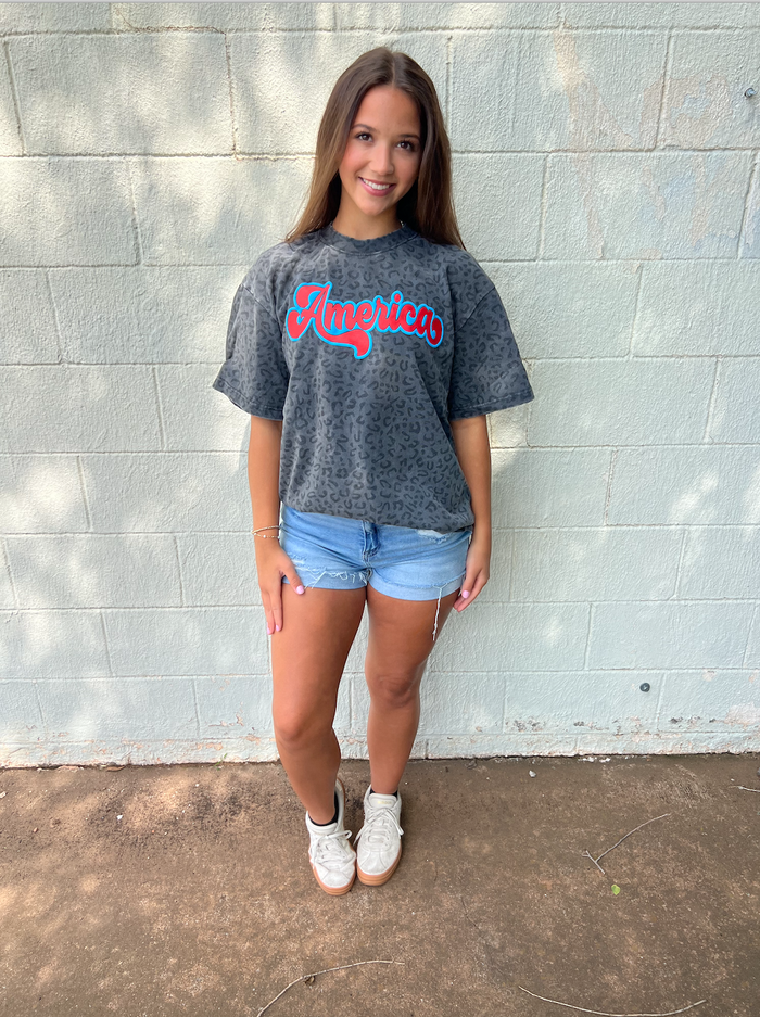 America Black Leopard Graphic Tee