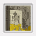 Block Party by Steve Moors: Digital illustration depicting dining room interior with yellow floors, arched windows, and birds in sepia tones