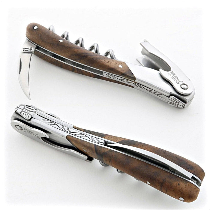 Chateau Laguiole Melchior Burled Walnut Handle, close-up of open and closed corkscrew. Handcrafted details, 100% Made in France.