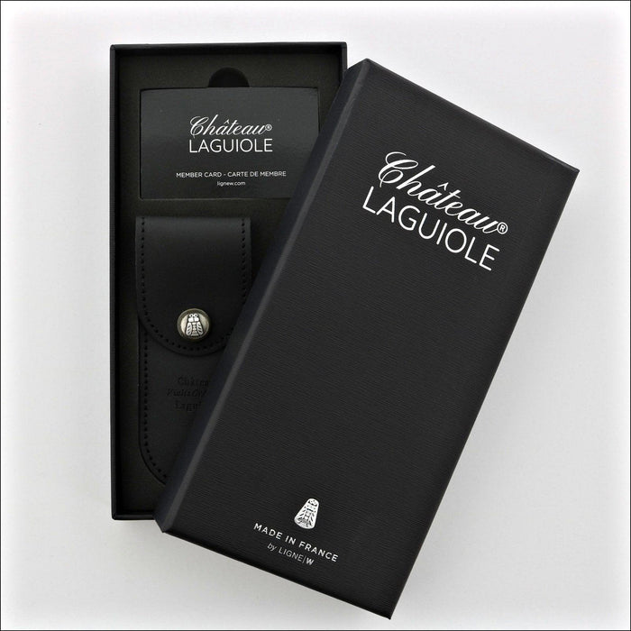 Chateau Laguiole Melchior Ironwood Handle. Open black gift box with corkscrew sheath and member card. Handcrafted details, 100% Made in France.