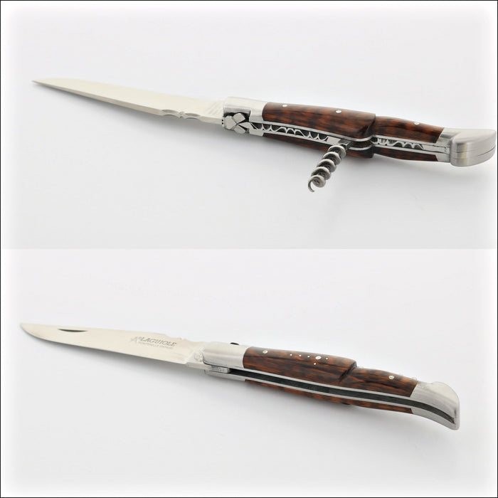 Classic Laguiole Corkscrew Knife Amourette Handle, side view with corkscrew extended. Handcrafted details, 100% Made in France.