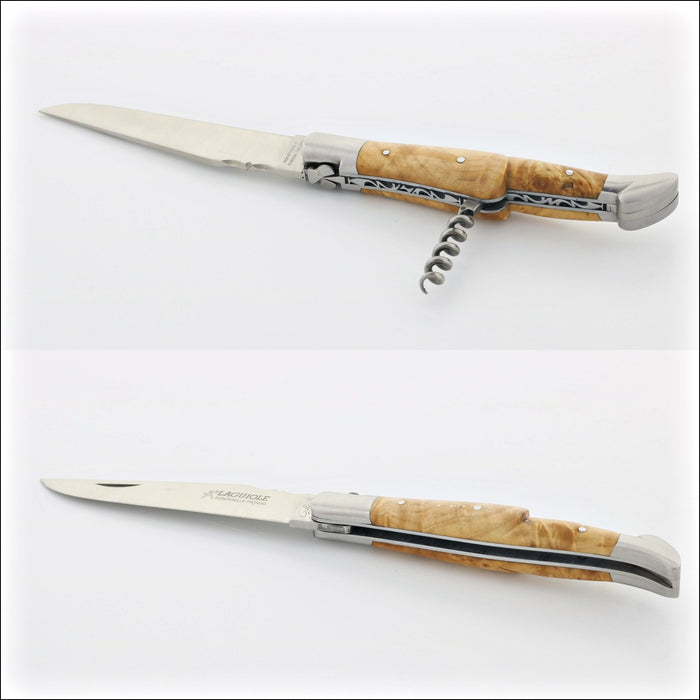 Classic Laguiole Corkscrew Knife Burled Maple, close-up of the handle and corkscrew. Handcrafted details, 100% Made in France.