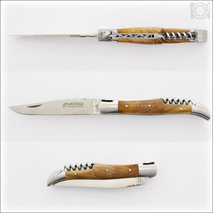 Classic Laguiole Corkscrew Knife Pistachio Handle, side view with open blade. Handcrafted details, 100% Made in France.