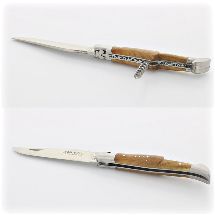 Classic Laguiole Corkscrew Knife Pistachio Handle, close-up of the handle and corkscrew. Handcrafted details, 100% Made in France.