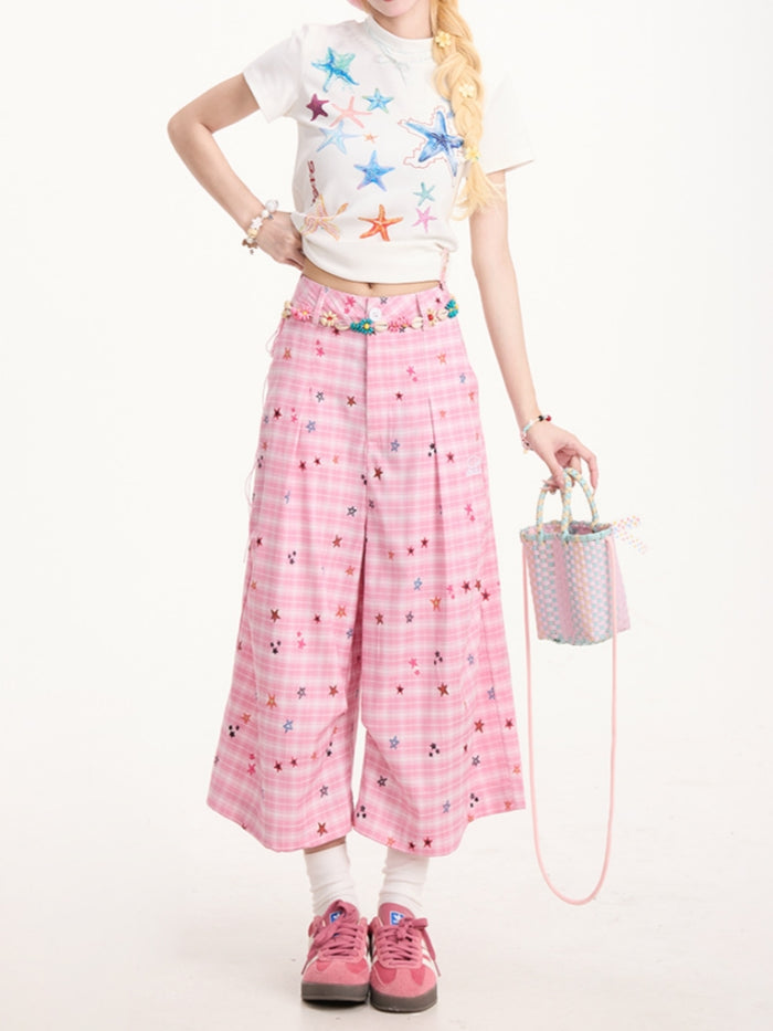 Colorful Star Pink Plaid Cropped Pants