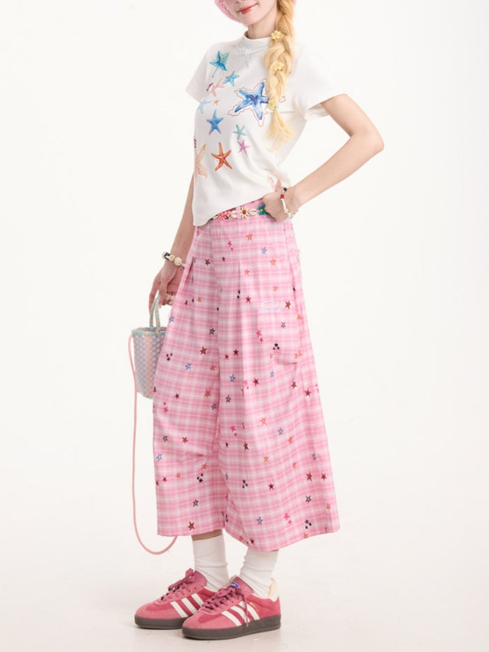 Colorful Star Pink Plaid Cropped Pants
