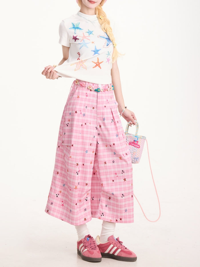 Colorful Star Pink Plaid Cropped Pants