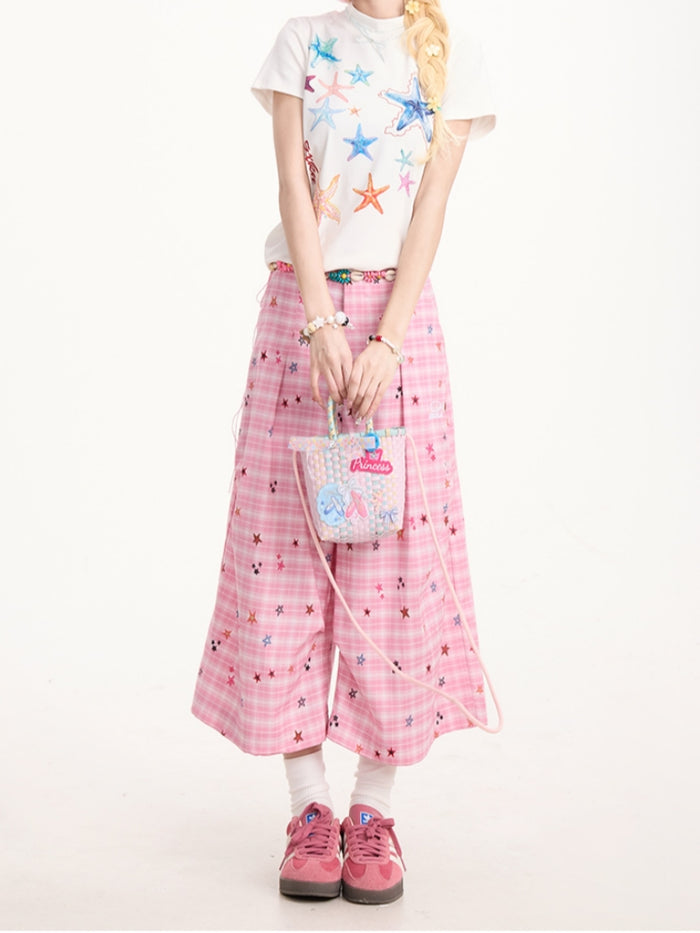Colorful Star Pink Plaid Cropped Pants