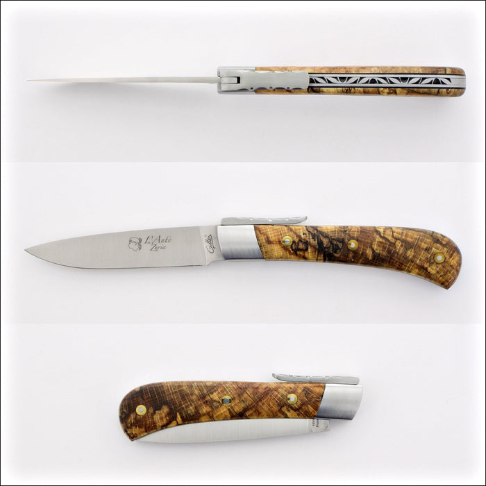 Corsican L' Antò Pocket Knife Burled Beech End Grain, top-down view of open blade and handle. Handcrafted details, 100% Made in France.