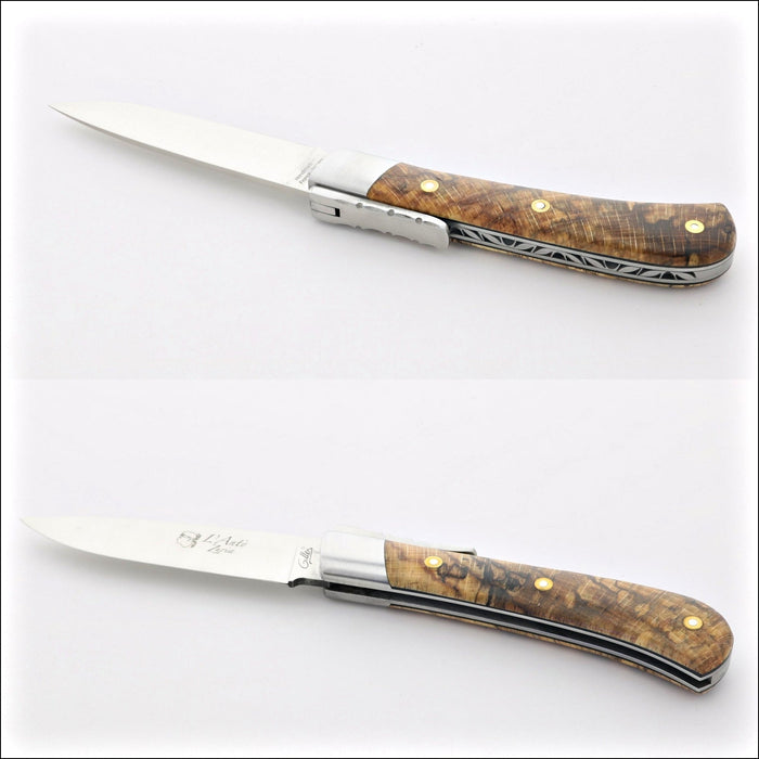 Corsican L' Antò Pocket Knife Burled Beech End Grain, top and bottom view. Handcrafted details, 100% Made in France.