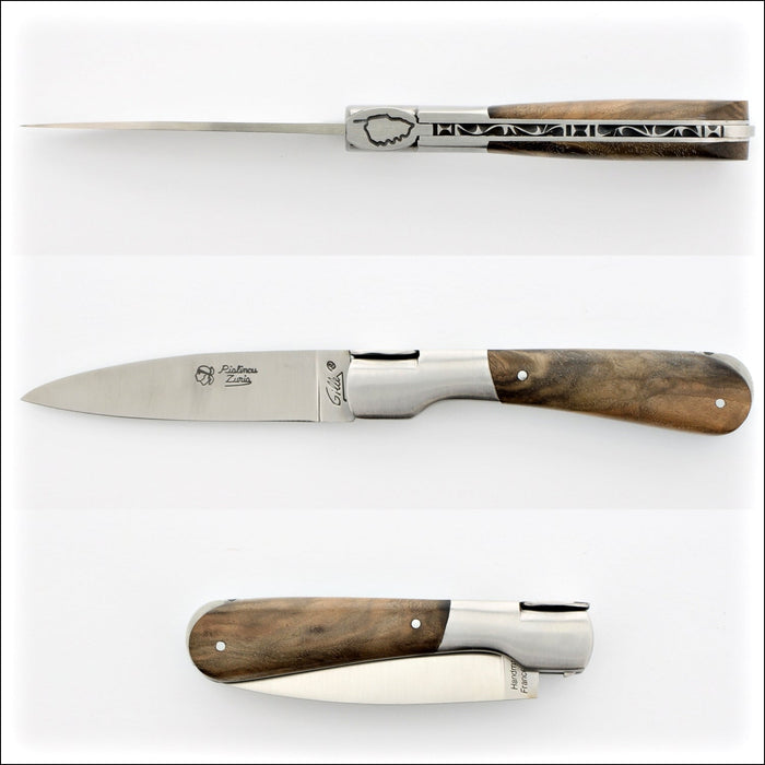 Corsican Pialincu Folding Knife Burled Walnut, side view. Handcrafted details, 100% Made in France.