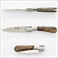 Corsican Pialincu Folding Knife Burled Walnut, side view. Handcrafted details, 100% Made in France.