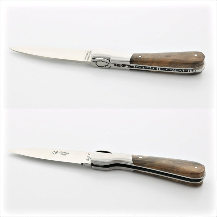 Corsican Pialincu Folding Knife Burled Walnut, side view. Handcrafted details, 100% Made in France.