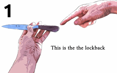 Corsican Pialincu Folding Knife. Close-up of the lockback mechanism being pointed at. Handcrafted details, 100% Made in France.