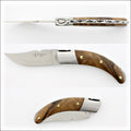 Corsican Rondinara Folding Knife, burled walnut handle detail. Handcrafted details, 100% Made in France.