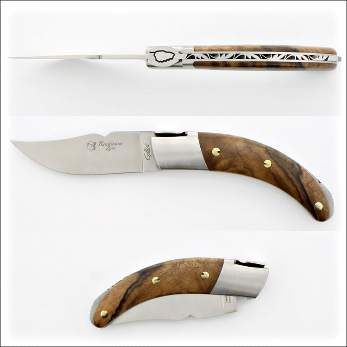 Corsican Rondinara Folding Knife, burled walnut handle detail. Handcrafted details, 100% Made in France.