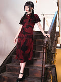 Dark Red Chinese-Style Printed Qipao Dress