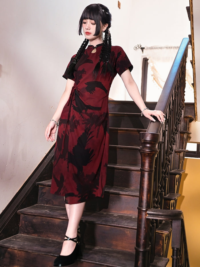 Dark Red Chinese-Style Printed Qipao Dress