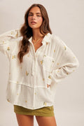 Embroidered Gauze Half Placket Oversized Shirt