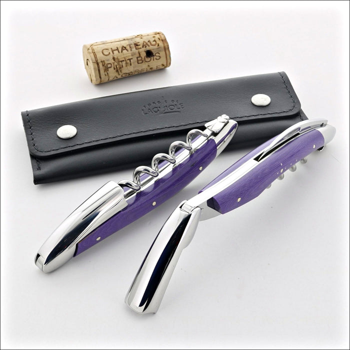 Forge de Laguiole Corkscrew, purple fabric handle detail with polished steel and black leather case.