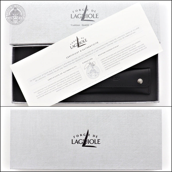 Forge de Laguiole Corkscrew, top-down view of branded gift box, authenticity certificate, and pouch.