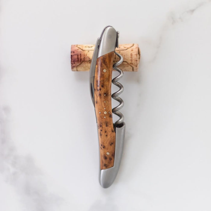 Forge de Laguiole Corkscrew Thuya: top-down view of satin steel and polished thuya wood handle.