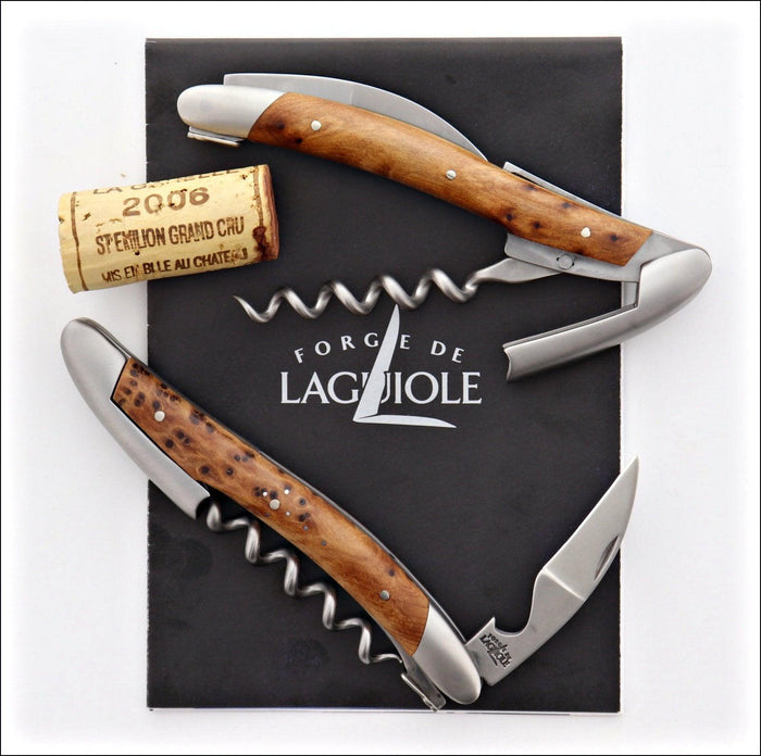 Forge de Laguiole Corkscrew Thuya: top-down view of two satin-finish tools with burl wood handles.