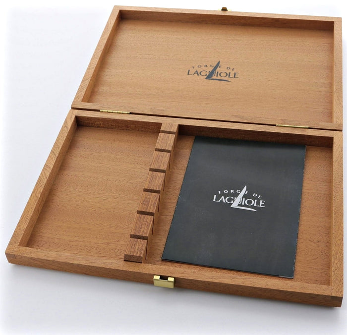 Forge de Laguiole Steak Knife Storage Box, open, showing Sapele wood interior and black brochure.
