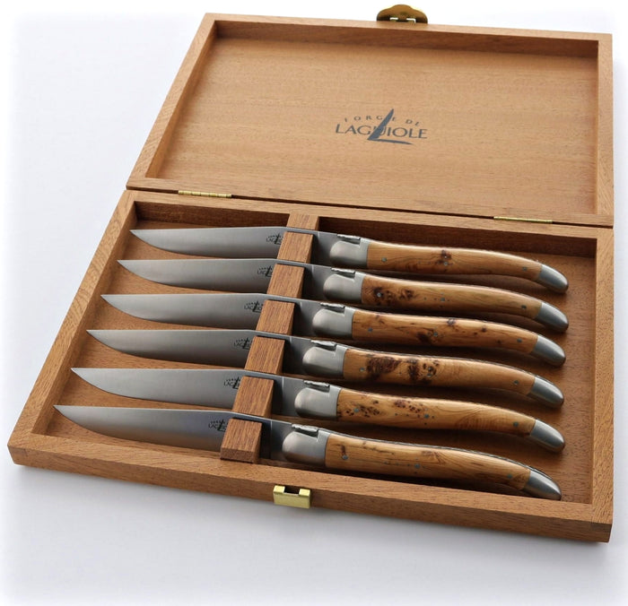 Forge de Laguiole Steak Knife Storage Box, open, showing six knives with olive wood handles in a sapele wood box.