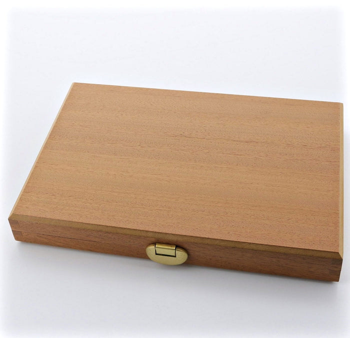 Forge de Laguiole Steak Knife Storage Box, Sapele wood, closed, with brass latch.