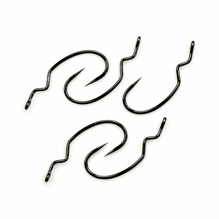 Three Gamakatsu Crippled Emerger fly tying hooks with wavy shanks on white background