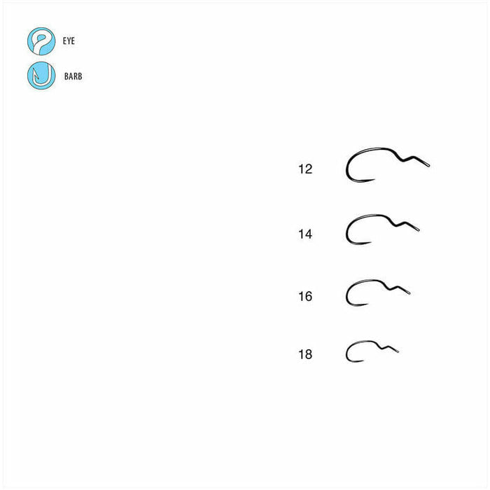 Gamakatsu C16-B hook size chart showing sizes 12 to 18 with eye and barb icons
