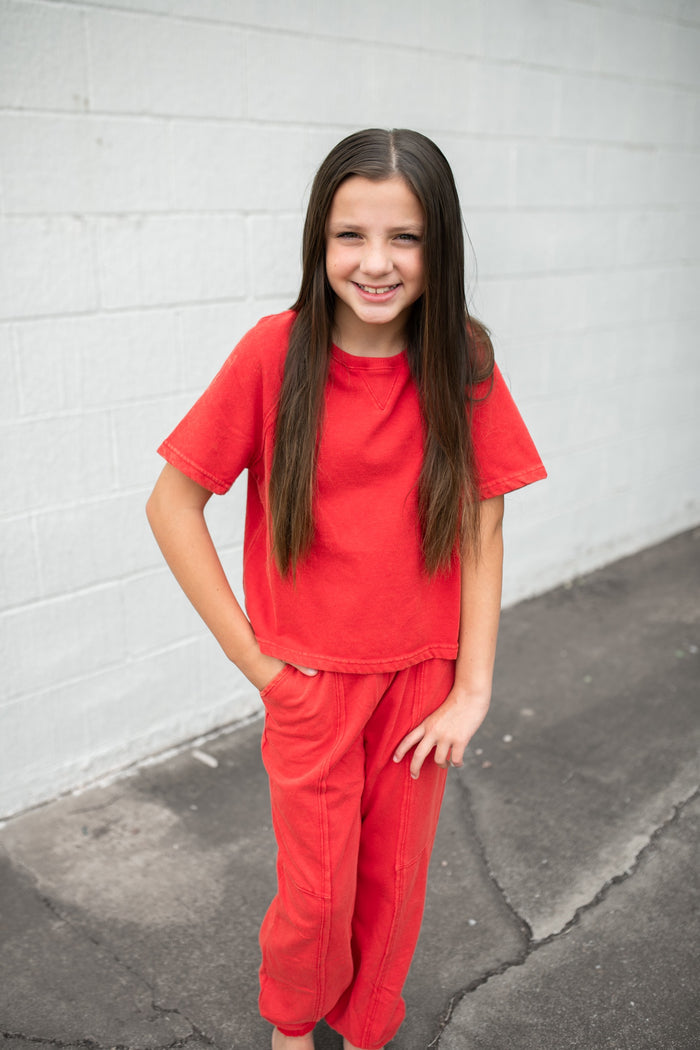 Girls Washed Paneled Knit Joggers Red