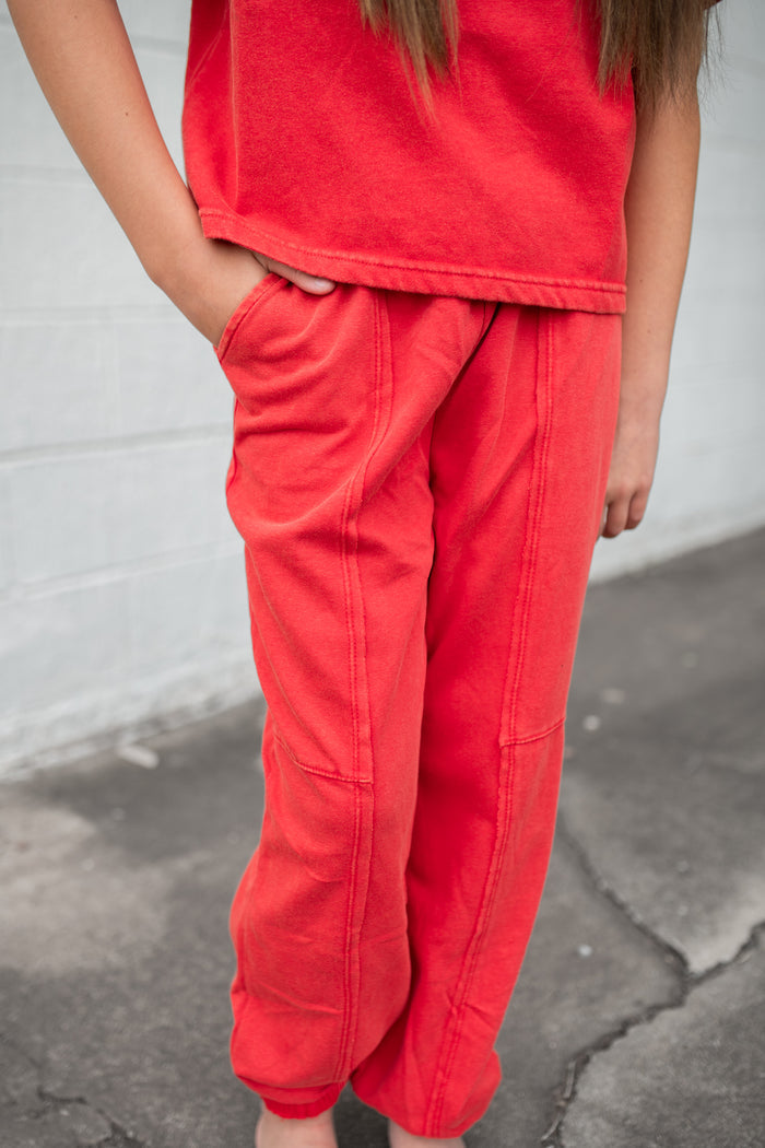 Girls Washed Paneled Knit Joggers Red