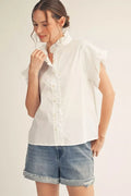 Jod White Button Ruffle Detail Top