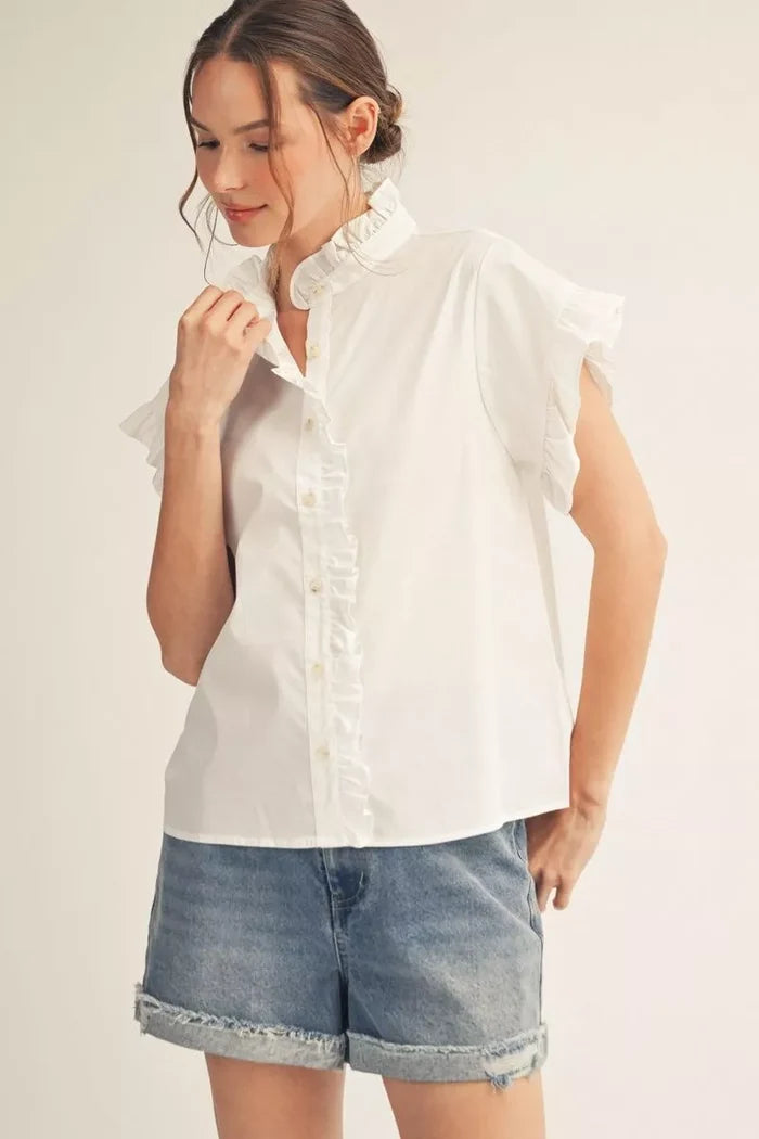Jod White Button Ruffle Detail Top