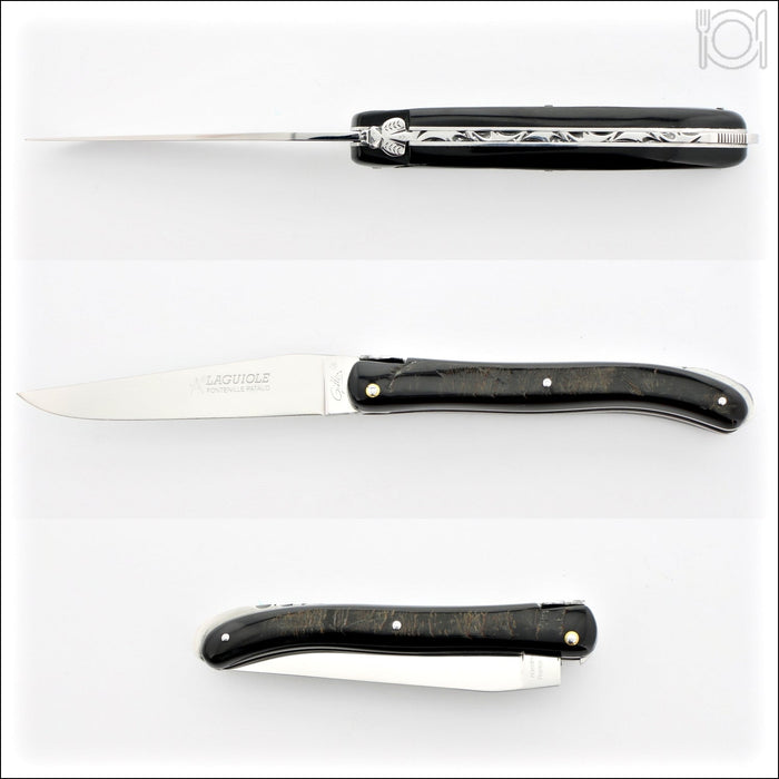 Laguiole 12 cm Nature Classic pocket knife, full handle buffalo bark, side view. Handcrafted details, 100% Made in France.