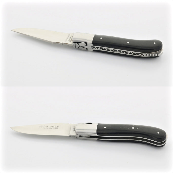 Laguiole Gentleman's Knife - Ebony. Top-down view of the closed knife, showing the dark ebony handle with metal accents. Handcrafted details, 100% Made in France.