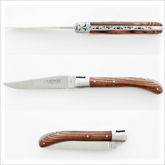 Laguiole Le Pocket Classic Bocote Handle, top-down and side views of the open knife, showing the rich brown wood grain. Handcrafted details, 100% Made in France.