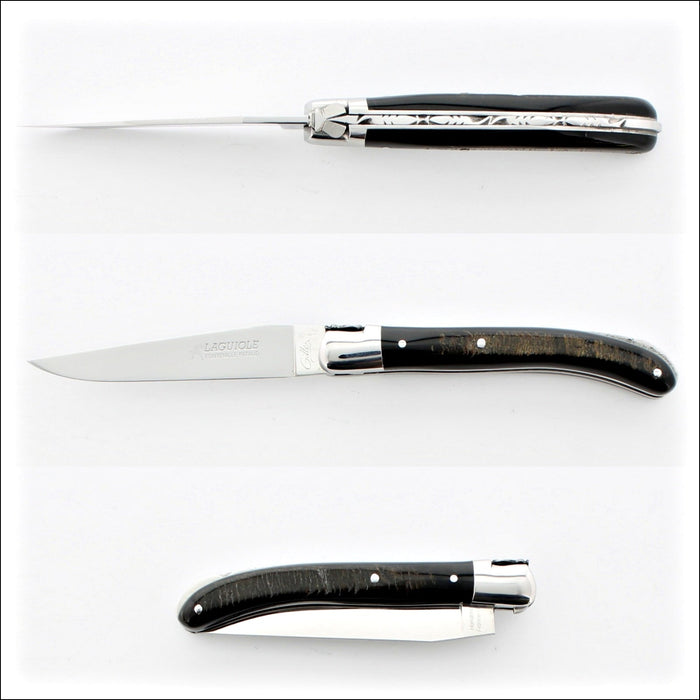 Laguiole Le Pocket Classic Buffalo Bark Handle, side view of open and closed knife. Handcrafted details, 100% Made in France.