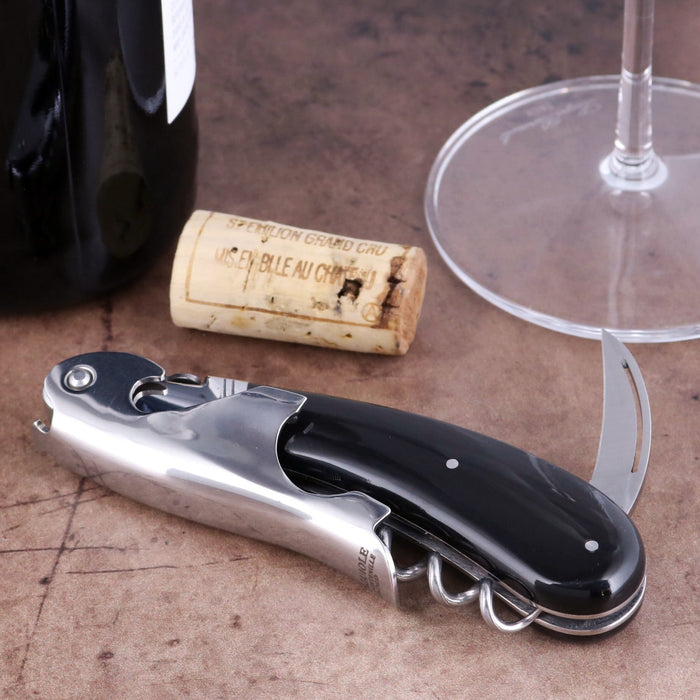 Laguiole Magnum Black Horn Tip Corkscrew, close-up of polished steel and black horn handle design.
