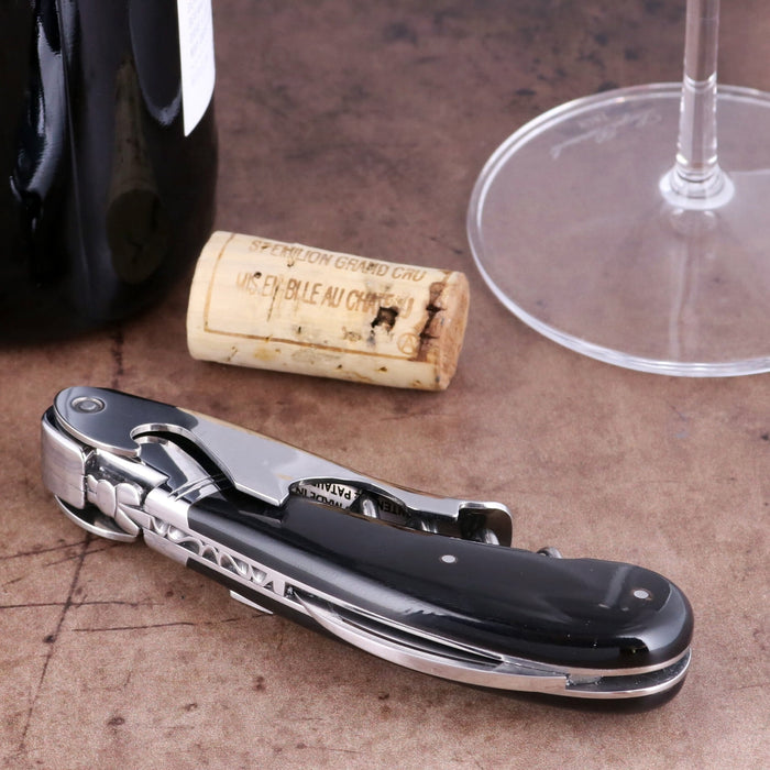 Laguiole Magnum Black Horn Tip Corkscrew, close-up of polished black handle and steel mechanism.