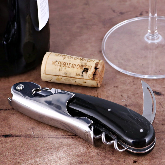 Laguiole Magnum Black Horn Tip Corkscrew, close-up of polished stainless steel and black handle.