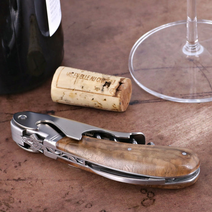 Laguiole Magnum Corkscrew Deco Freemason - Burled Walnut, close-up of handle.