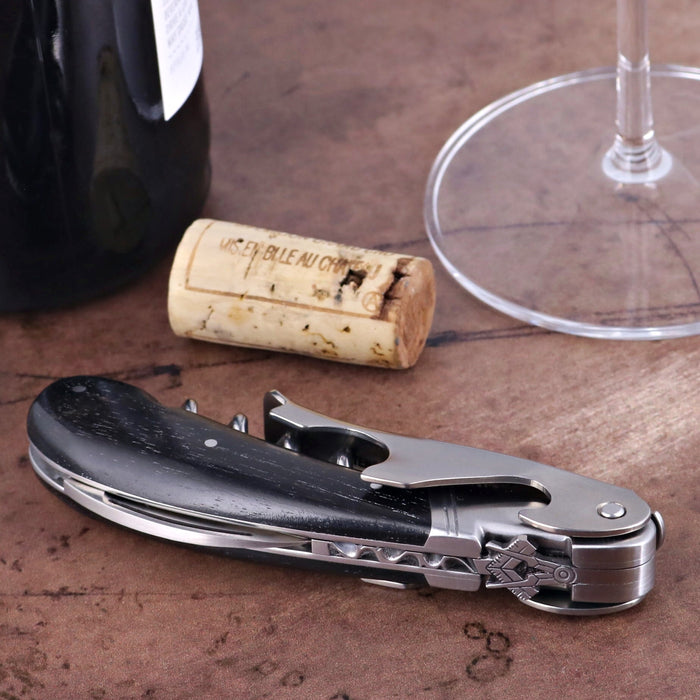 Laguiole Magnum Corkscrew Deco Freemason - Ebony. Close-up of the black ebony handle and stainless steel tools.