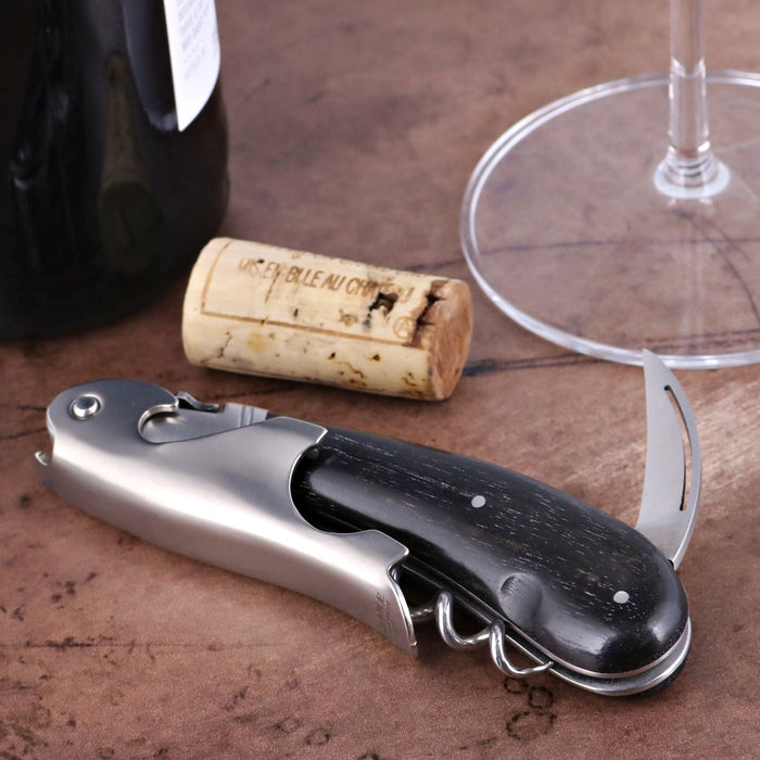 Laguiole Magnum Corkscrew Deco Freemason - Ebony, close-up of dark wood handle and stainless steel body.