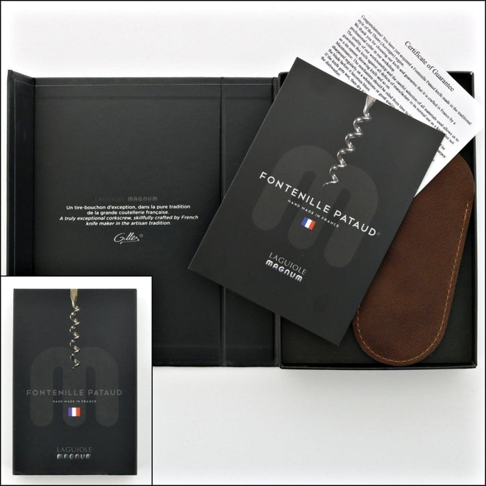 Laguiole Magnum Corkscrew Deco Freemason - Ebony. Top-down view of the black gift box, certificate, and brown leather pouch.